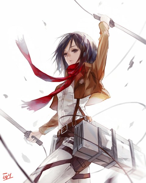 Anime picture 799x1000 with shingeki no kyojin production i.g mikasa ackerman gyicarus single tall image black hair simple background white background signed looking away black eyes fighting stance battle girl weapon sword jacket belt scarf
