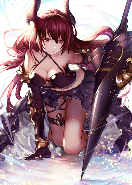 Anime picture 1002x1403 with shingeki no bahamut granblue fantasy forte (shingeki no bahamut) yurika0207 single long hair tall image looking at viewer fringe breasts light erotic hair between eyes red eyes brown hair large breasts bare shoulders holding cleavage horn (horns) arm support
