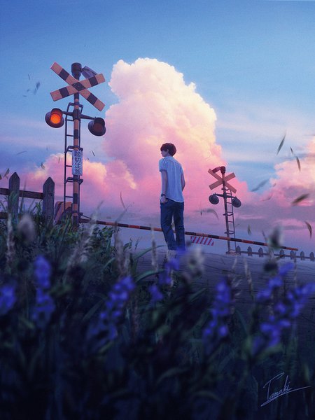 Anime picture 992x1323 with original tamaki (tamaki illust) single tall image short hair brown hair signed looking away sky cloud (clouds) outdoors profile wind blurry from below depth of field railroad crossing boy flower (flowers) shirt