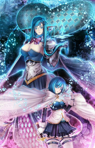 Anime picture 800x1249 with mahou shoujo madoka magica shaft (studio) miki sayaka oktavia von seckendorff kugi ta hori taira long hair tall image looking at viewer short hair breasts blue eyes multiple girls blue hair girl thighhighs dress gloves weapon 2 girls white thighhighs