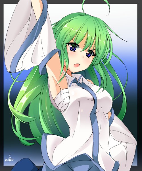 Anime picture 2000x2400 with touhou kochiya sanae miton (turuyasann) single long hair tall image looking at viewer blush highres open mouth blue eyes bare shoulders signed ahoge long sleeves green hair wide sleeves arms up armpit (armpits) border