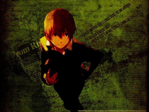 Anime picture 1024x768 with baccano! firo prochainezo single short hair smile green background boy hat suit