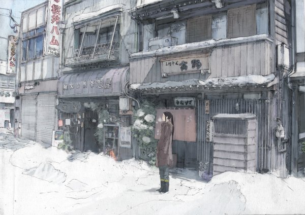 Anime picture 1323x935 with original humi (artist) long hair black hair ponytail city hieroglyph winter snow exhalation hands in pockets street jacket building (buildings) signboard