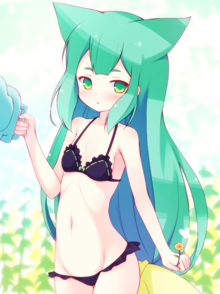 Anime picture 600x800 with gatchaman crowds tatsunoko utsutsu yuku (kiollion) single long hair tall image looking at viewer blush fringe light erotic green eyes animal ears green hair eyebrows girl flower (flowers) bow swimsuit hair bow