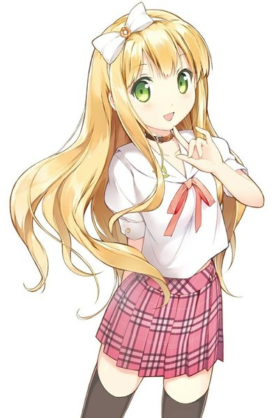 Anime picture 788x1194 with hentai ouji to warawanai neko j.c. staff azuki azusa kantoku okomeken single long hair tall image blush fringe open mouth simple background blonde hair standing white background green eyes pleated skirt plaid skirt arm behind back collaboration