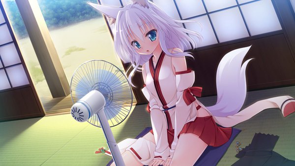 Anime picture 1280x720 with tenkiame shiro (tenkiame) haik yuzu modoki single looking at viewer blush fringe short hair open mouth hair between eyes wide image sitting bare shoulders animal ears payot game cg silver hair indoors tail