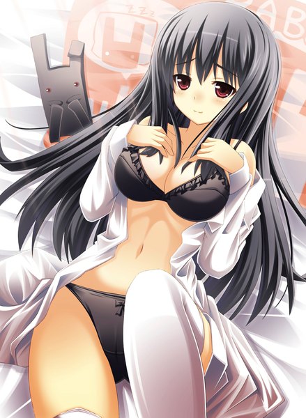 Anime picture 1500x2051 with original usagi nezumi single long hair tall image highres light erotic black hair red eyes girl thighhighs underwear panties white thighhighs