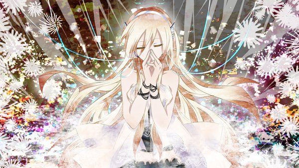 Anime picture 2400x1350 with vocaloid lily (vocaloid) tyouya single long hair highres blonde hair wide image eyes closed nail polish girl dress hairband
