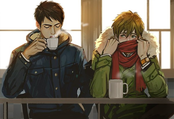 Anime picture 1100x753 with free! kyoto animation tachibana makoto yamazaki sosuke mstrmagnolia blush short hair open mouth blonde hair sitting holding looking away indoors eyes closed long sleeves sunlight multiple boys couple hand in pocket steam