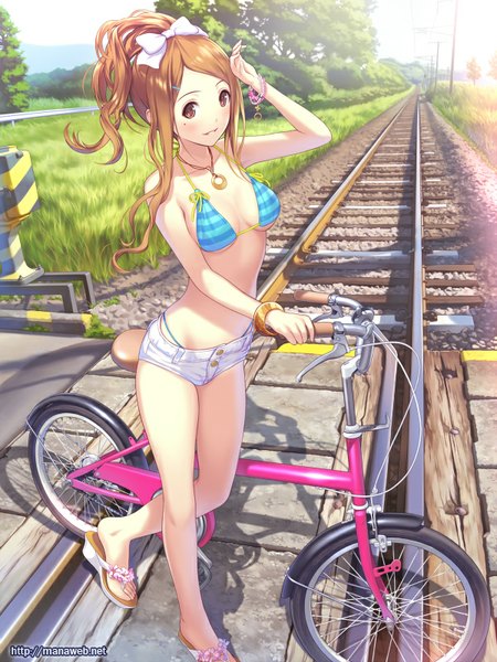 Anime picture 600x800 with ilog nagata ikue mana kakkowarai single long hair tall image looking at viewer blush breasts light erotic brown hair bare shoulders brown eyes payot bare belly bare legs hand on head girl swimsuit plant (plants)
