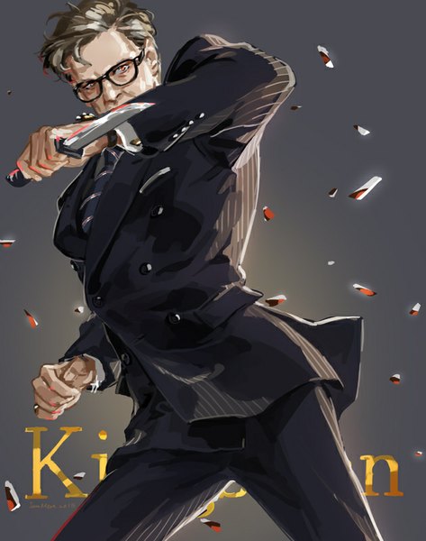 Anime picture 630x800 with kingsman harry hart colin firth jane mere single tall image looking at viewer black hair red eyes brown hair standing inscription copyright name text striped english blood stains boy weapon necktie