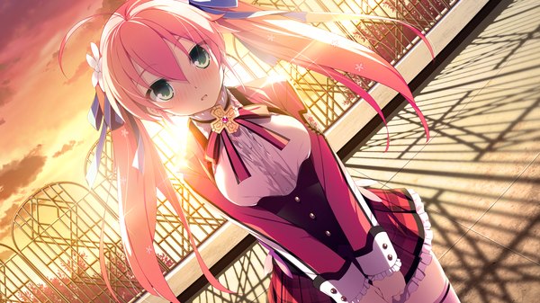 Anime picture 1280x720 with kimi to boku to no kishi no hibi: rakuen no chevalier azumaya ruruka single long hair looking at viewer blush wide image twintails green eyes pink hair game cg evening sunset girl dress ribbon (ribbons) hair ribbon