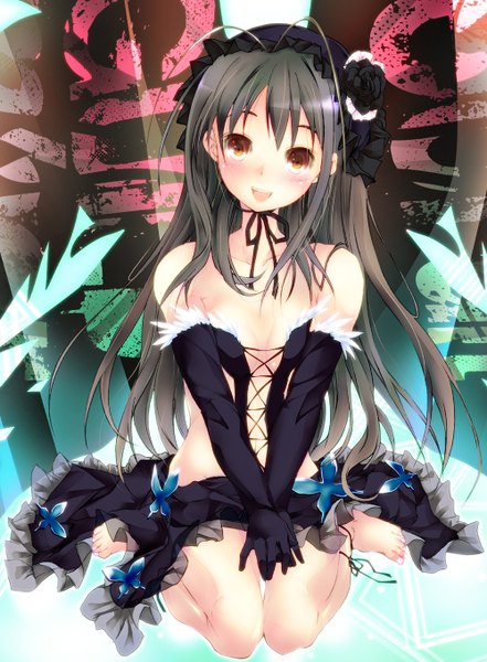 Anime picture 1000x1361 with accel world sunrise (studio) kuroyukihime hasshin akiichi (yagami shuuichi) single long hair tall image blush open mouth black hair sitting purple eyes barefoot girl dress gloves elbow gloves headdress insect butterfly