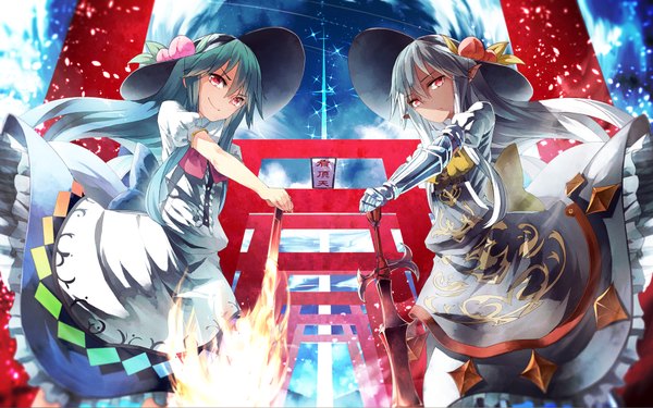 Anime picture 1920x1200 with touhou hinanawi tenshi ibuki notsu long hair looking at viewer highres red eyes multiple girls blue hair silver hair dual persona girl dress weapon 2 girls hat sword frills armor leaf (leaves)