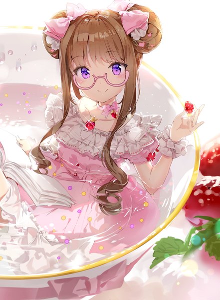 Anime picture 1280x1740 with original anmi single long hair tall image looking at viewer fringe brown hair sitting purple eyes hair bun (hair buns) shiny girl dress bow hair bow choker glasses food book (books)