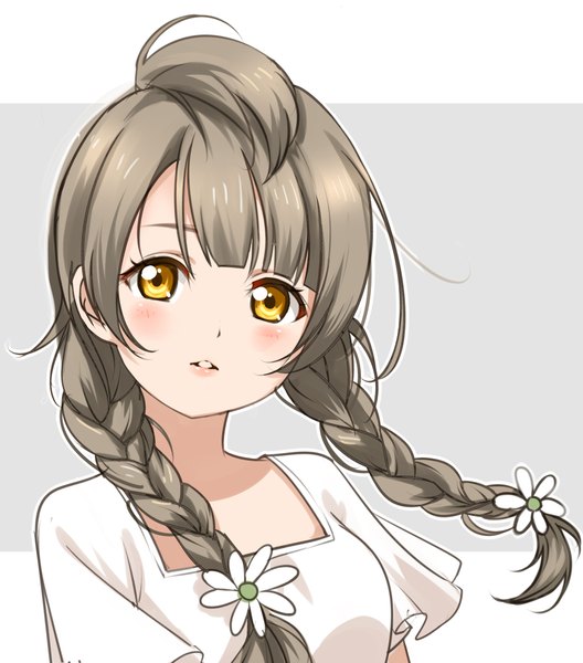 Anime picture 1747x1984 with love live! school idol project sunrise (studio) love live! minami kotori clouble long hair tall image looking at viewer blush fringe highres open mouth brown hair yellow eyes payot upper body ahoge braid (braids) head tilt hair flower