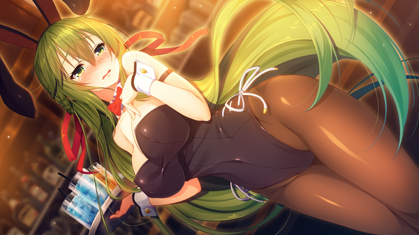 Anime picture 1280x720 with aristear remain astronauts comet ichinose anzu rozea (graphmelt) kokusan moyashi single blush fringe breasts light erotic hair between eyes wide image large breasts standing bare shoulders holding green eyes animal ears looking away game cg