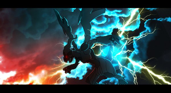 Anime picture 1394x760 with pokemon nintendo zekrom tuooneo (artist) open mouth red eyes wide image cloud (clouds) magic glowing lightning gen 5 pokemon monster pokemon (creature)