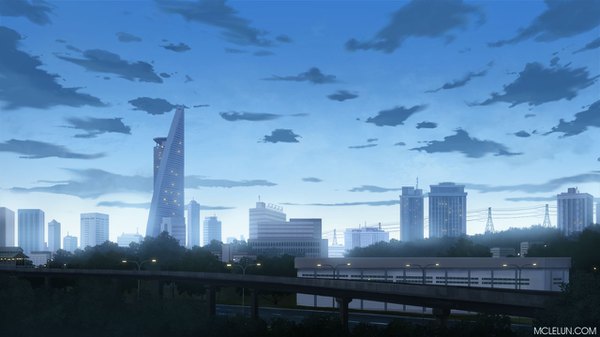 Anime picture 1280x720 with original mclelun wide image signed sky cloud (clouds) city cityscape no people plant (plants) tree (trees) building (buildings) bridge power lines skyscraper lamppost
