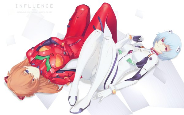 Anime picture 1680x1050 with neon genesis evangelion gainax soryu asuka langley ayanami rei nagi ryou fringe short hair blue eyes smile red eyes wide image multiple girls blue hair lying hair over one eye orange hair wallpaper girl 2 girls bodysuit