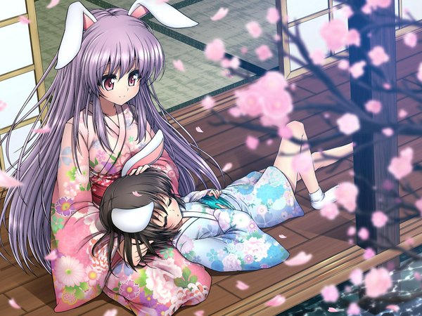 Anime picture 2000x1500 with touhou reisen udongein inaba inaba tewi kemu long hair highres short hair red eyes brown hair multiple girls animal ears purple hair japanese clothes bunny ears cherry blossoms bunny girl sleeping girl 2 girls kimono