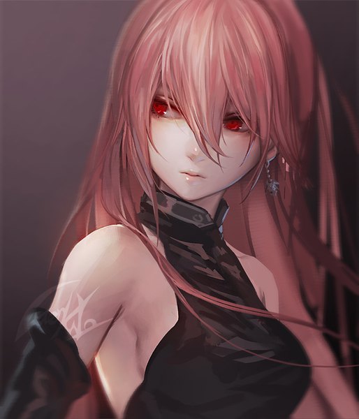 Anime picture 685x800 with original recovered memory ada leah luen kulo single long hair tall image looking at viewer fringe simple background hair between eyes red eyes bare shoulders signed looking away pink hair upper body no bra portrait dark background