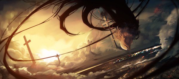 Anime picture 1200x530 with original unodu single wide image sky cloud (clouds) evening sunset city lights cross