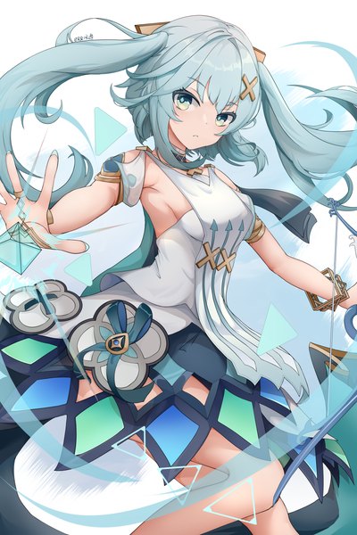 Anime picture 3000x4500 with genshin impact faruzan (genshin impact) connexion single long hair tall image looking at viewer blush fringe highres breasts simple background large breasts twintails blunt bangs aqua eyes fingernails aqua hair armpit (armpits) long fingernails