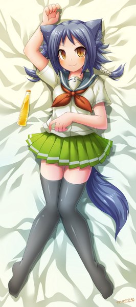 Anime picture 620x1395 with upotte!! galil ar (upotte!!) emperpep single long hair tall image blush smile animal ears yellow eyes blue hair tail lying animal tail pleated skirt zettai ryouiki dakimakura (medium) girl thighhighs skirt