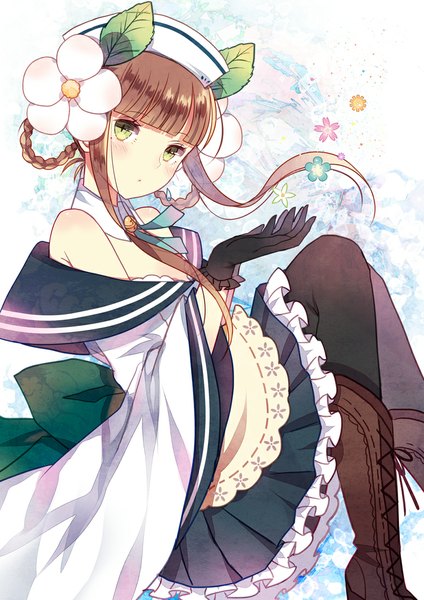 Anime picture 777x1099 with original domotolain single long hair tall image looking at viewer blush brown hair green eyes braid (braids) hair flower wide sleeves girl dress gloves hair ornament flower (flowers) bow hat pantyhose