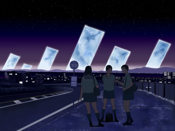 Anime picture 1300x975 with original shiira short hair standing multiple girls pleated skirt from behind night night sky city hands behind back cityscape mountain city lights street girl uniform hair ornament plant (plants) school uniform