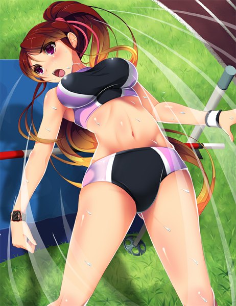 Anime picture 771x1000 with original koflif single long hair tall image blush breasts open mouth light erotic brown hair large breasts purple eyes ponytail multicolored hair two-tone hair girl navel uniform gym uniform