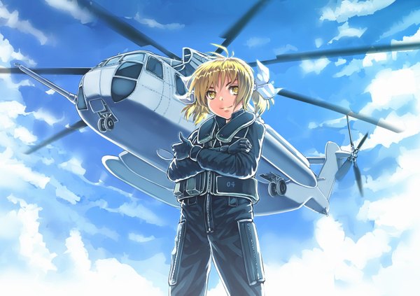 Anime picture 1500x1059 with original siqi (miharuu) single short hair blonde hair smile yellow eyes cloud (clouds) girl uniform military uniform helicopter