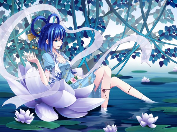 Anime picture 3149x2362 with touhou kaku seiga shinebell single highres short hair blue eyes blue hair absurdres girl dress hair ornament flower (flowers) water