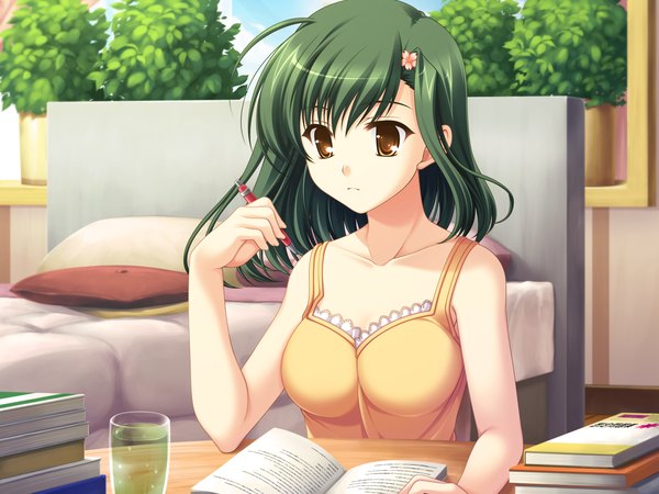 Anime picture 1600x1200 with tasogare no sinsemilla yellow eyes game cg green hair girl