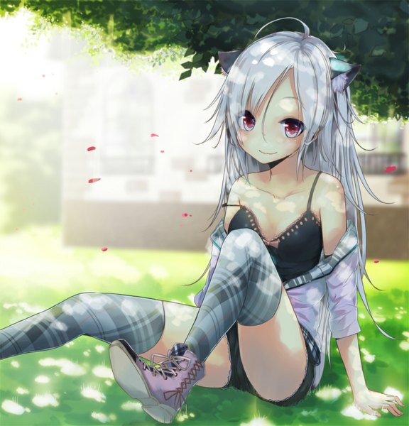 Anime picture 1000x1043 with original la-na long hair tall image fringe smile red eyes sitting animal ears silver hair light smile cat ears girl thighhighs plant (plants) petals jacket shorts boots grass