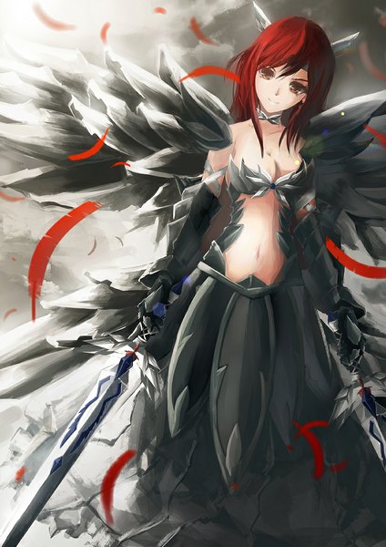 Anime picture 829x1173 with fairy tail erza scarlet arufa (hourai-sugar) single long hair tall image fringe breasts smile bare shoulders holding red hair midriff dual wielding girl navel weapon sword wings armor