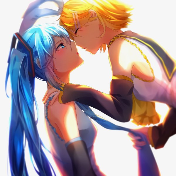 Anime picture 2500x2500 with vocaloid hatsune miku kagamine rin illian-san long hair blush fringe highres short hair light erotic simple background blonde hair hair between eyes white background twintails bare shoulders multiple girls holding blue hair eyes closed