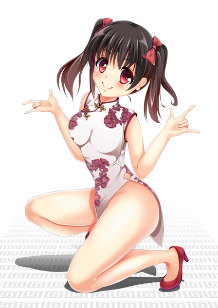 Anime picture 1000x1414 with love live! school idol project sunrise (studio) love live! yazawa nico neko neko koneko single tall image looking at viewer short hair light erotic black hair simple background smile red eyes white background twintails traditional clothes shadow no panties kneeling