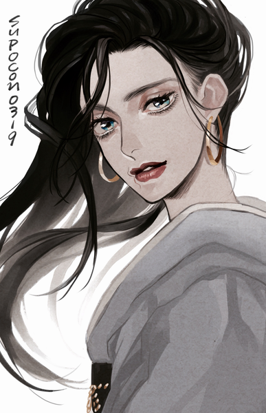 Anime picture 1280x1985 with jojo no kimyou na bouken lisa lisa supocon single long hair tall image looking at viewer blue eyes black hair simple background white background signed upper body traditional clothes parted lips japanese clothes alternate costume lipstick turning head red lipstick