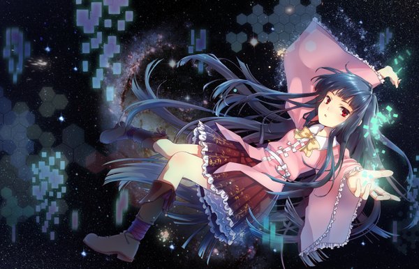 Anime picture 1551x999 with touhou houraisan kaguya pollia single long hair looking at viewer blush open mouth black hair red eyes long sleeves wide sleeves legs outstretched arm floral print dark background outstretched hand knees touching cover album cover
