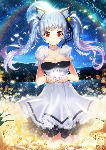 Anime picture 2180x3084 with original ttaji (pass35) single long hair tall image fringe highres breasts smile red eyes large breasts twintails signed animal ears blue hair cleavage multicolored hair night sparkle short sleeves