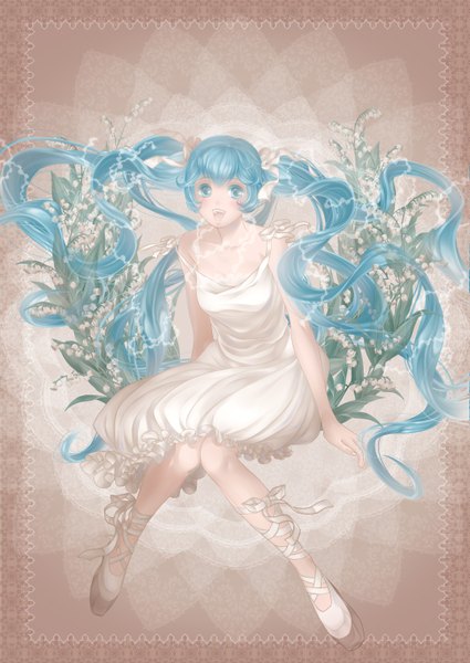 Anime picture 1075x1518 with vocaloid hatsune miku nuruhachi single long hair tall image blush open mouth blue eyes smile sitting twintails blue hair framed knees touching girl dress flower (flowers) ribbon (ribbons) hair ribbon