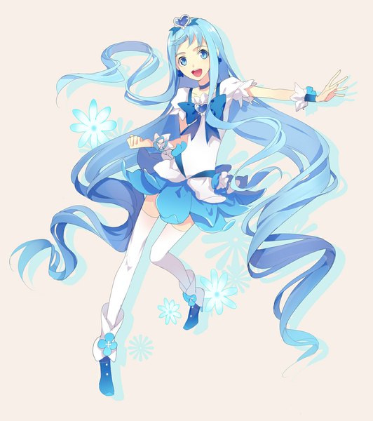 Anime picture 1000x1127 with precure heartcatch precure! toei animation kurumi erika cure marine izumi (nagashi) single tall image looking at viewer open mouth blue eyes simple background blue hair very long hair outstretched arm pink background magical girl girl thighhighs earrings