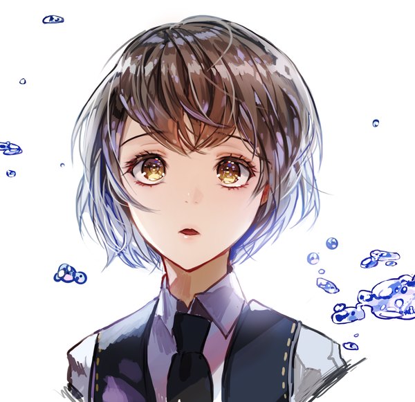 Anime picture 1754x1700 with original kim eb single fringe highres short hair open mouth simple background brown hair white background yellow eyes looking away portrait girl necktie water drop