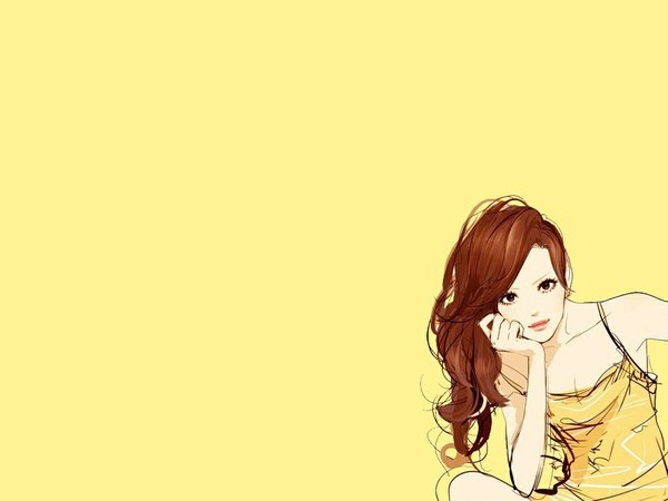 Anime picture 1024x768 with original takenaka single long hair simple background brown hair sitting brown eyes arm support pale skin third-party edit yellow background extended girl