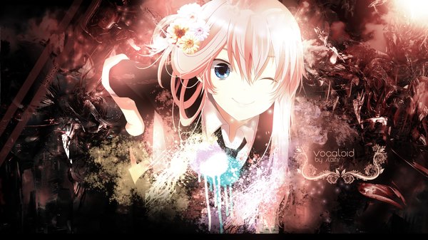Anime picture 1920x1080 with vocaloid megurine luka sl4ifer single long hair looking at viewer fringe highres blue eyes smile hair between eyes wide image signed pink hair one eye closed hair flower wink leaning wallpaper leaning forward