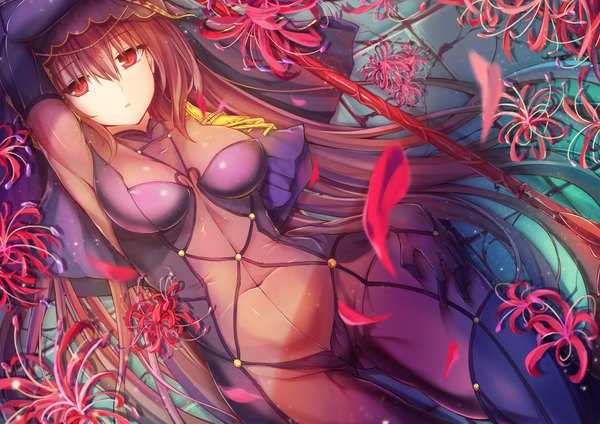 Anime picture 1920x1357 with fate (series) fate/grand order scathach (fate) (all) scathach (fate) dying0414 single long hair looking at viewer fringe highres breasts open mouth light erotic hair between eyes red eyes large breasts pink hair lying arm up midriff