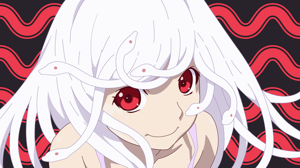 Anime picture 1920x1080 with bakemonogatari shaft (studio) monogatari (series) sengoku nadeko nadeko medusa ltts (artist) single long hair highres smile red eyes wide image white hair close-up face vector snake hair girl animal snake