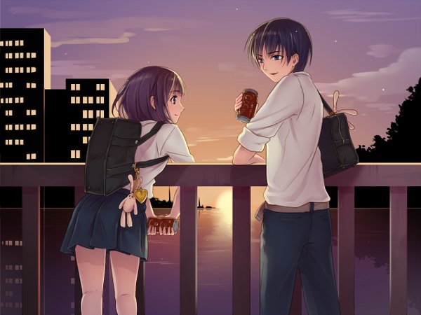 Anime picture 1280x960 with original coca-cola otosume ruiko short hair blue eyes black hair multiple girls couple evening sunset girl skirt uniform 2 girls school uniform miniskirt shirt school bag trinket